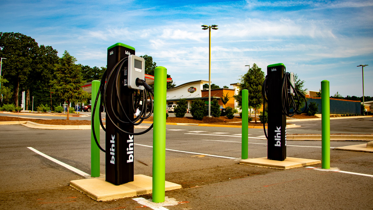 news-blink-ev-charging Image of two EV charging stations located at Northwood Landing and MOSAIC.